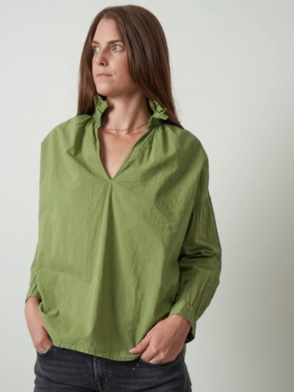 A Shirt Thing Penelope Cabo Olive Green Ruffle Neck Cotton Blouse, Size Medium